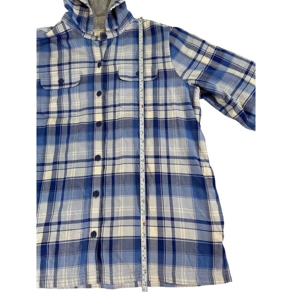 L.L. Bean Blue Plaid Hoodie Button-Up Flannel Shacket Women Size L Jacket Shirt - Picture 5 of 8